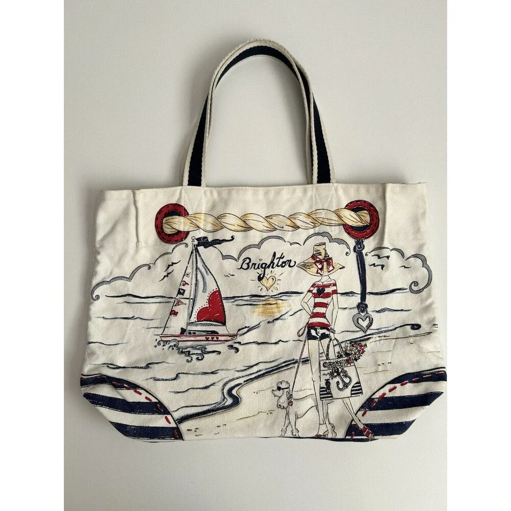 BRIGHTON Nautical Beach Canvas Shopper Tote Bag Red/White/Blue Anchor Sailboat